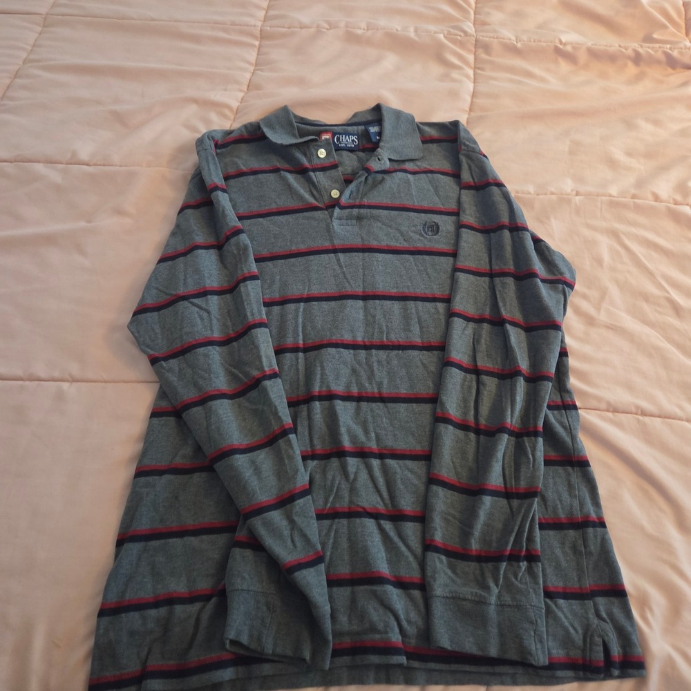 Chaps Mens Long Sleeve Polo Shirt Medium Gray Red Navy Blue Striped Cotton